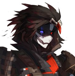 Rule 34 | 1girl, android, animification, apex legends, ash (titanfall 2), black jacket, black sclera, blue eyes, colored sclera, feathers, heterochromia, highres, hood, hood up, hooded jacket, jacket, looking down, mercenary mystique ash, official alternate costume, portrait, red eyes, ruu47, science fiction, simulacrum (titanfall), white background