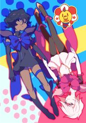 Rule 34 | 2boys, arjuna (fate), black dress, black eyes, blue eyes, brothers, colored skin, crossdressing, dark-skinned male, dark skin, dress, elbow gloves, fate/apocrypha, fate/grand order, fate (series), flat color, gloves, karna (fate), looking at viewer, magical boy, male focus, multiple boys, open mouth, pakocure, panties, panty peek, parted lips, rkp, siblings, signature, skirt, sleeveless, thigh strap, thomas edison (fate), underwear, white dress, white skin