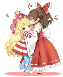 Rule 34 | &gt;:o, 2girls, :o, american flag dress, american flag legwear, anger vein, blonde hair, blush, bow, brown eyes, brown hair, chibi, clownpiece, detached sleeves, dress, fairy wings, full body, hair bow, hair tubes, hakurei reimu, hat, height difference, hug, jester cap, lifting person, long hair, long sleeves, multiple girls, neck ruff, pantyhose, petticoat, piyokichi, polka dot, ponytail, pout, red bow, red eyes, red shirt, red skirt, ribbon-trimmed sleeves, ribbon trim, sarashi, shirt, short dress, skirt, skirt set, sleeveless, sleeveless shirt, squiggle, star (symbol), star print, striped clothes, striped pantyhose, touhou, touhou sangetsusei, v-shaped eyebrows, very long hair, wavy hair, white background, wings