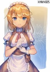 Rule 34 | 1girl, apron, artist name, bad id, bad pixiv id, blonde hair, blue eyes, braid, breasts, closed mouth, french braid, frilled apron, frills, g36 (girls&#039; frontline), girls&#039; frontline, gloves, highres, long hair, looking at viewer, maid, maid apron, maid headdress, medium breasts, saku t, upper body, white apron, white gloves