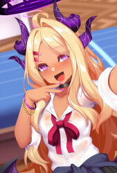 Rule 34 | 1girl, :d, blonde hair, blue archive, blush, bracelet, breasts, choker, clothes around waist, dark-skinned female, dark skin, fi-san, gyaru, hair ornament, hairclip, halo, highres, hina (blue archive), horns, jewelry, long hair, looking at viewer, open mouth, pleated skirt, purple eyes, purple nails, school uniform, skirt, small breasts, smile, solo, sweat, tan, wings