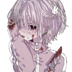 Rule 34 | 1girl, black eyes, blood, blood on face, bloody knife, covering one eye, crazy, crying, crying with eyes open, ear piercing, earrings, holding, holding knife, jacket, jewelry, knife, medium hair, multiple earrings, original, piercing, pink hair, pink jacket, sketch, spiked ear piercing, tears, tennnennkinennbutu, track jacket, white background, yami kawaii, yandere