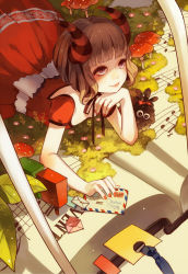 Rule 34 | 1girl, bad id, bad pixiv id, book, brown hair, clea (geee13), dress, face, head rest, horns, leaf, letter, light smile, lying, mushroom, musical note, nail polish, on stomach, original, purple eyes, red nails, short hair, solo