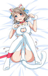 Rule 34 | 10s, 1girl, animal ears, bed sheet, bell, blue eyes, blue ribbon, blush, bra, breasts, cat cutout, cat ears, cat lingerie, cat tail, cleavage, cleavage cutout, clothing cutout, collar, commentary request, frilled bra, frills, grey hair, hair bell, hair ornament, hair ribbon, highres, jingle bell, knees together feet apart, leg ribbon, legs up, looking at viewer, love live!, love live! sunshine!!, lying, meme attire, neck bell, no shoes, on back, open mouth, panties, paw pose, red ribbon, ribbon, short hair, side-tie panties, solo, tail, thighhighs, underwear, watanabe you, white panties, white thighhighs, wristband, yopparai oni