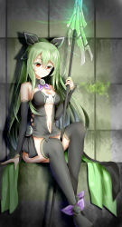 Rule 34 | 1girl, absurdres, bare shoulders, black thighhighs, blush, breasts, cleavage, clothing cutout, commentary request, detached collar, detached sleeves, dress, energy, green hair, hair between eyes, hair ribbon, hakozaki chika, highres, holding, holding polearm, holding spear, holding weapon, karv, long hair, looking at viewer, medium breasts, navel cutout, neptune (series), polearm, ponytail, red eyes, ribbon, sitting, smile, solo, spear, thighhighs, very long hair, weapon