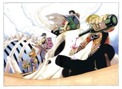 Rule 34 | 2001, 4boys, alcohol, backpack, bag, black hair, blonde hair, bone, bottle, cape, cigarette, cloud, cover, cover page, cup, desert, drinking glass, gloves, goggles, green hair, hair over one eye, hat, male focus, monkey d. luffy, multiple boys, oda eiichirou, official art, one piece, pouring, randoseru, roronoa zoro, sand, sanji (one piece), sky, sword, tony tony chopper, usopp, water bottle, weapon, wine, wine glass