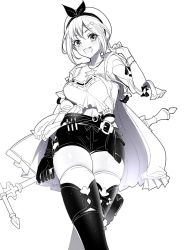 Rule 34 | 1girl, :d, atelier (series), atelier ryza, atelier ryza 1, bare shoulders, belt, belt buckle, beret, blush, boots, breasts, buckle, cleavage, collarbone, commentary request, cowboy shot, cross, crossed legs, detached sleeves, dot nose, flask, gloves, greyscale, hair between eyes, hair ornament, hairclip, hand up, happy, hat, hat ribbon, holding, holding weapon, jacket, jewelry, looking at viewer, medium breasts, midriff peek, monochrome, necklace, open clothes, open jacket, open mouth, pendant, reisalin stout, ribbon, ririko (zhuoyandesailaer), round-bottom flask, round teeth, shirt, short hair, short shorts, short sleeves, shorts, simple background, single glove, skindentation, smile, solo, standing, star (symbol), star necklace, teeth, thigh boots, thighhighs, thighhighs under boots, thighs, upper teeth only, v-shaped eyebrows, weapon, white background