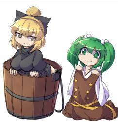 Rule 34 | 2girls, 3:, blonde hair, bottomless, breasts, bucket, clothes theft, dress, unworn dress, frown, fun bo, green hair, hair bobbles, hair ornament, happy, in bucket, in container, juliet sleeves, kisume, kurodani yamame, long sleeves, multiple girls, no panties, ponytail, puffy sleeves, robe, sad, smile, theft, touhou, turtleneck, twintails, white background, yellow eyes