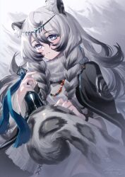 Rule 34 | 1girl, absurdres, animal ear fluff, animal ears, arknights, bell, black hair, black jacket, braid, braided sidelock, bright pupils, colored tips, commentary request, cowboy shot, dress, frown, grey background, grey dress, grey eyes, grey hair, hair between eyes, head chain, highres, holding, holding bell, jacket, jacket on shoulders, jewelry, leopard ears, leopard girl, leopard tail, long hair, looking at viewer, multicolored hair, necklace, pramanix (arknights), scarf, sekai noto, simple background, solo, tail, twin braids, white pupils