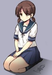 Rule 34 | 10s, 1girl, black socks, blue skirt, brown eyes, brown hair, character name, collared shirt, commentary, hands on lap, kantai collection, kneehighs, low twintails, neckerchief, parted bangs, pleated skirt, sailor collar, school uniform, seiza, serafuku, shadow, shinshin, shirayuki (kancolle), shirt, short hair, simple background, sitting, skirt, socks, solo, twintails, twitter username, v arms