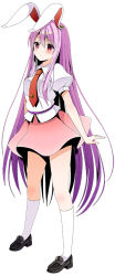 Rule 34 | 1girl, animal ears, arms at sides, bad id, bad pixiv id, black footwear, breasts, clip, closed mouth, collared shirt, full body, kneehighs, legs apart, loafers, long hair, looking at viewer, medium breasts, necktie, pink hair, pink skirt, puffy short sleeves, puffy sleeves, rabbit ears, red eyes, red neckwear, reisen udongein inaba, shirt, shoes, short sleeves, simple background, skirt, socks, standing, tareme, touhou, very long hair, white background, white shirt, white socks, wing collar, yuuka nonoko