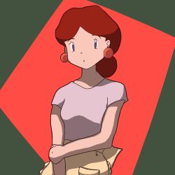 Rule 34 | 1girl, apron, brown hair, character request, confused, creatures (company), earrings, game freak, hair bun, highres, jewelry, mature female, md5 mismatch, nintendo, pokemon, pokemon (anime), red background, resolution mismatch, ringo (pixiv 67755209), solo