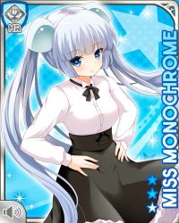Rule 34 | 1girl, black bow, black dress, blue background, blue eyes, blunt bangs, bow, card, character name, closed mouth, dress, girlfriend (kari), hands on own hips, miss monochrome, miss monochrome (character), official art, qp:flapper, shirt, smile, solo, tagme, thighhighs, twintails, white footwear, white hair, white shirt