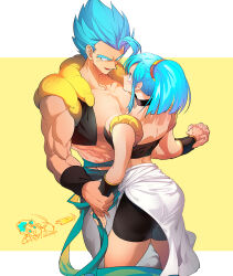 Rule 34 | 1boy, 1girl, abs, ass, bike shorts, black choker, black tube top, black vest, black wristband, blue eyes, blue hair, breasts, bulchi, choker, closed mouth, collarbone, dragon ball, dragon ball super, dragonball z, eye contact, eyelashes, face-to-face, fingernails, gogeta, hair between eyes, height difference, high ponytail, holding hands, large breasts, looking at another, looking down, median furrow, metamoran vest, muscular, muscular male, ommmyoh, pants, parted lips, pectorals, ponytail, profile, sidelocks, single bang, size difference, skindentation, smile, spiked hair, strapless, striped, striped background, super saiyan, super saiyan blue, thick thighs, thighs, tube top, two-tone background, vest, waist cape, white background, white pants, wrist wrap, wristband, yellow background