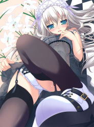 Rule 34 | 00s, 11eyes, 1girl, 3days, :d, aqua eyes, black thighhighs, blush, bra, buckle, camisole, checkered floor, chikotam, floor, flower, foreshortening, frills, from below, garter belt, garter straps, green eyes, hairband, highres, lily (flower), lisette vertorre, lolita hairband, long hair, looking at viewer, lying, on back, open mouth, panties, pantyshot, raswell (company), see-through, shoes, smile, sneakers, solo, source request, sweat, thighhighs, underwear, white bra, white hair, white panties