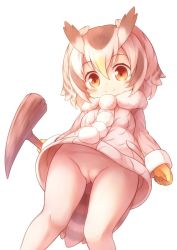 Rule 34 | 10s, 1girl, blonde hair, blush, cameltoe, cleft of venus, closed mouth, coat, feather hair, from below, fur-trimmed sleeves, fur collar, fur trim, gloves, grey coat, grey hair, hair between eyes, head wings, holding, holding staff, kemono friends, long sleeves, looking at viewer, looking down, matsuu (akiomoi), multicolored hair, northern white-faced owl (kemono friends), pantyhose, pussy, simple background, smile, solo, staff, white background, white hair, white pantyhose, wings, yellow eyes, yellow gloves