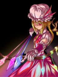 Rule 34 | 1girl, alternate weapon, arrow (projectile), blonde hair, bow (weapon), breasts, closed mouth, collared shirt, cowboy shot, crystal, dark background, dososin, flandre scarlet, glowing, glowing wings, hair between eyes, hair over one eye, hat, hat ribbon, holding, holding bow (weapon), holding weapon, long hair, mob cap, multicolored wings, necktie, puffy short sleeves, puffy sleeves, red eyes, red ribbon, red skirt, red vest, ribbon, shirt, short sleeves, skirt, small breasts, solo, spell card, touhou, vest, weapon, white hat, white shirt, wings, yellow necktie