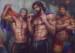 Rule 34 | 3boys, abs, aenaluck, artist name, audec (aenaluck), bara, beard, black hair, black pants, carlnes (aenaluck), chest hair, closed mouth, confetti, crossed arms, facial hair, flag, grey hair, holding, holding flag, large pectorals, lgbt pride, looking at another, male focus, master (aenaluck), multiple boys, muscular, muscular male, navel, nipples, original, pants, pectorals, rainbow print, short hair, shorts, smile, teeth, topless male
