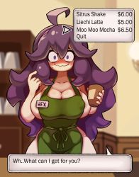 Rule 34 | 1girl, alternate breast size, apron, blush, breasts, cleavage, coffee, creatures (company), cup, curvy, embarrassed, english text, game freak, headband, hex maniac (pokemon), highres, holding, holding cup, huge breasts, iced latte with breast milk (meme), kurt robinson, long hair, looking at viewer, meme, meme attire, menu, messy hair, naked apron, name tag, nintendo, pink headband, pokemon, pokemon xy, price, price list, purple eyes, purple hair, sideboob, solo, speech bubble, starbucks, wavy mouth, wide hips