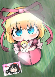 Rule 34 | 3girls, black hair, black wings, blonde hair, blue eyes, blush, bow, camera, chibi, closed eyes, closed mouth, doll joints, fairy wings, flying sweatdrops, gloves, hair bow, hair ribbon, hat, highres, holding, holding camera, joints, kawara hajime, looking at viewer, medicine melancholy, multiple girls, open mouth, pink bow, pink ribbon, puffy short sleeves, puffy sleeves, ribbon, ribbon-trimmed sleeves, ribbon trim, shameimaru aya, short hair, short sleeves, smile, su-san, tokin hat, touhou, white gloves, wings