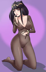 Rule 34 | 1girl, bangle, black hair, blunt bangs, bodystocking, bracelet, breasts, bridal gauntlets, covered erect nipples, covered navel, eyelashes, finger to mouth, fire emblem, fire emblem awakening, full body, gradient background, greenmarine, highres, jewelry, kneeling, large breasts, lips, long hair, nail polish, nintendo, nipples, no bra, no panties, nose, purple eyes, pussy, see-through, solo, tharja (fire emblem), tiara, two side up, uncensored