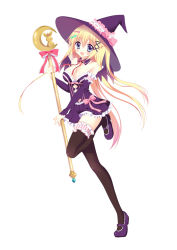Rule 34 | 10s, 1girl, ange vierge, black thighhighs, blonde hair, bow, breasts, cleavage, collar, collarbone, detached sleeves, dress, eyebrows, frilled thighhighs, frills, full body, hair between eyes, hair ornament, hat, large breasts, leg up, long hair, looking at viewer, neck garter, pink bow, purple dress, red ribbon, ribbon, simple background, solo, staff, strapless, strapless dress, thighhighs, white background, witch hat, yuyumatsu