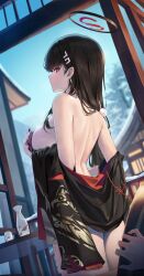 Rule 34 | 1girl, 1other, absurdres, alternate costume, architecture, back, bare shoulders, black hair, black halo, black jacket, blue archive, blunt bangs, blurry, breasts, bright pupils, covering breasts, covering privates, cup, earrings, east asian architecture, from behind, hair ornament, hairpin, halo, highres, jacket, jewelry, large breasts, long hair, pov, red eyes, red tassel, rio (blue archive), sakazuki, sideboob, table, tassel, tassel earrings, thighs, tokkuri, undressing, white pupils, yarn (yarn 03)
