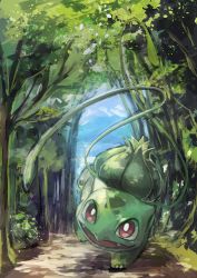 Rule 34 | absurdres, alternate color, animal focus, artist name, blue sky, bulbasaur, bush, claws, creatures (company), day, day walker1117, english text, fangs, forest, full body, game freak, gen 1 pokemon, grass, green theme, happy, highres, jumping, looking up, nature, nintendo, no humans, open mouth, outdoors, path, plant, pokemon, pokemon (creature), red eyes, road, shiny pokemon, signature, sky, smile, solo, tree, vines