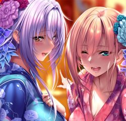 Rule 34 | 2girls, :d, aqua eyes, ayase kaya, ayase touka (piromizu), blonde hair, blue kimono, blush, breasts, brown eyes, cleavage, collarbone, commentary request, floral print, flower, hair between eyes, hair flower, hair ornament, hand on own chest, japanese clothes, kimono, large breasts, long hair, looking at viewer, multiple girls, one eye closed, open mouth, original, outdoors, outstretched hand, pink kimono, piromizu, pov, purple hair, sidelocks, smile