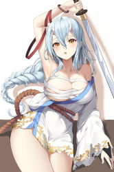 Rule 34 | 1girl, absurdres, arm up, armpits, bare shoulders, bead bracelet, beads, blue hair, blush, bracelet, braid, breasts, bridal gauntlets, budget sarashi, chest sarashi, commentary request, cowboy shot, hair between eyes, highres, holding, holding sword, holding weapon, horns, japanese clothes, jewelry, kimono, large breasts, lillly, long hair, long sleeves, looking at viewer, off shoulder, oni, oni horns, orange eyes, original, parted lips, rope, sarashi, short kimono, single bridal gauntlet, single sleeve, sitting, solo, sword, very long hair, weapon, white kimono, wide sleeves