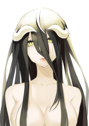 Rule 34 | 1girl, absurdres, albedo (overlord), b3b, black hair, breasts, cleavage, collarbone, demon girl, female focus, hair over breasts, highres, horns, large breasts, lips, long hair, nude, overlord (maruyama), simple background, solo, translucent hair, upper body, yellow eyes