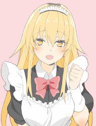 Rule 34 | 1girl, :d, absurdres, apron, arm warmers, bad id, bad twitter id, black dress, blonde hair, blush, bow, bowtie, collared shirt, donguri suzume, dress, hair between eyes, hand up, highres, ienaga mugi, looking at viewer, maid, maid headdress, nijisanji, open mouth, pink background, puffy short sleeves, puffy sleeves, red bow, red bowtie, shirt, short sleeves, simple background, smile, solo, virtual youtuber, wing collar, yellow eyes