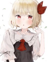 Rule 34 | 1girl, absurdres, ascot, black ribbon, blonde hair, blush, bow, collar, dress, frilled shirt collar, frilled sleeves, frills, hair bow, hand up, highres, leaf, looking at viewer, nano (nazuna0512), open mouth, puffy short sleeves, puffy sleeves, red ascot, red bow, red eyes, red ribbon, ribbon, rumia, short hair, short sleeves, simple background, solo, touhou, upper body, white background, white dress