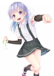 Rule 34 | 1girl, arm warmers, black socks, blush, buttons, clenched hand, collared shirt, gotou hisashi, grey skirt, highres, kantai collection, kneehighs, long hair, ooshio (kancolle), open mouth, pleated skirt, purple eyes, purple hair, shirt, short sleeves, simple background, skirt, smile, socks, solo, suspender skirt, suspenders, white background, white shirt