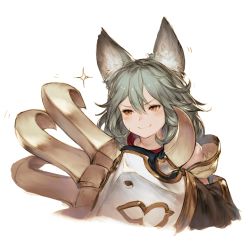 Rule 34 | 10s, 1girl, animal ears, claw (weapon), claws, erune, granblue fantasy, hair between eyes, junwool, sen (granblue fantasy), silver hair, simple background, smile, solo, weapon, white background