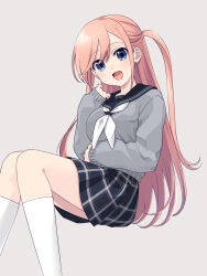 Rule 34 | 1girl, :d, black sailor collar, black skirt, blue eyes, blush, breasts, feet out of frame, grey background, grey sweater, head tilt, highres, kisaragi hina, kneehighs, knees together feet apart, long hair, long sleeves, looking at viewer, medium breasts, neckerchief, open mouth, original, parted bangs, pink hair, plaid, plaid skirt, puffy long sleeves, puffy sleeves, sailor collar, school uniform, serafuku, simple background, skirt, sleeves past wrists, smile, socks, solo, sweater, two side up, very long hair, white neckerchief, white socks