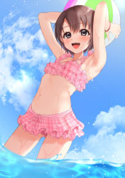 Rule 34 | 1girl, :d, armpits, arms behind head, arms up, bad id, bad pixiv id, ball, bare shoulders, beachball, bikini, bikini skirt, blue sky, blush, brown hair, cameltoe, cloud, cloudy sky, collarbone, commentary, day, frilled bikini, frills, from below, gluteal fold, grey eyes, hair between eyes, holding, holding ball, holding beachball, idolmaster, idolmaster cinderella girls, looking at viewer, navel, open mouth, otokura yuuki, outdoors, pink bikini, short hair, sky, smile, solo, sparkle, swimsuit, takio (kani sama), teeth, upper teeth only, wading, water, water drop, wet