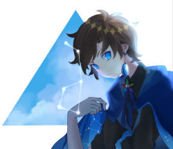 Rule 34 | 1boy, black shirt, blue bow, blue bowtie, blue cape, blue eyes, blue gemstone, blue shirt, blue theme, blue vest, bow, bowtie, brown hair, cape, closed mouth, constellation, dipper gleeful, dipper pines, earrings, gem, gravity falls, guozijam, hands up, highres, holding, jewelry, long sleeves, looking at viewer, male focus, reverse falls (gravity falls), shirt, short hair, solo, two-sided cape, two-sided fabric, vest