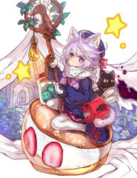 Rule 34 | 1girl, animal, animal ear fluff, animal ears, bag, beret, black cat, blush, cat, cat ears, cat girl, cat tail, closed mouth, commentary request, commission, copyright request, food, fruit, haku (sabosoda), hat, highres, holding, holding staff, light bulb, long sleeves, looking at viewer, mini person, minigirl, mittens, pink hair, pleated skirt, puffy long sleeves, puffy sleeves, purple eyes, purple footwear, purple hat, purple sweater, red skirt, ribbed sweater, scarf, shoes, shoulder bag, sitting, skeb commission, skirt, solo, staff, star (symbol), strawberry, sweater, tail, thighhighs, wariza, white background, white mittens, white scarf, white thighhighs