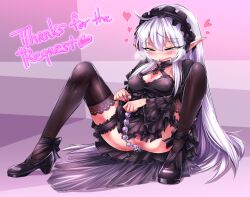 Rule 34 | 1girl, anal beads, anus, black dress, black footwear, black hairband, black thighhighs, blush, breasts, breath, censored, cleavage, commentary, commentary request, commission, covered erect nipples, cross, dress, drooling, english commentary, frilled hairband, frills, full body, gothic lolita, green eyes, grey hair, hairband, half-closed eyes, heart, high heels, lace, lace-trimmed thighhighs, lolita fashion, looking down, medium breasts, mixed-language commentary, mosaic censoring, open mouth, original, pointy ears, pussy, sex toy, shimizu pem, skeb commission, smile, solo, thighhighs, white hair