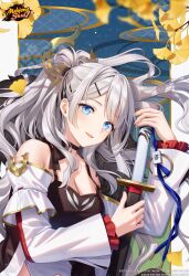 Rule 34 | 1girl, absurdres, artist request, blue eyes, breasts, cleavage, detached sleeves, fingernails, ginkgo leaf, grey hair, hair ornament, hairclip, high ponytail, highres, holding, holding sword, holding weapon, katana, leaf, long hair, looking at viewer, mahjong, mahjong soul, mahjong tile, medium breasts, official art, parted lips, saionji kazuha, sheath, sheathed, sidelocks, solo, sword, tassel, upper body, very long hair, weapon