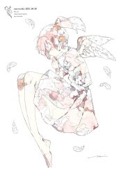 Rule 34 | 1girl, angel wings, artist logo, barefoot, closed eyes, dress, english text, feathered wings, feathers, flower, from side, full body, highres, original, painting (medium), pink dress, pink hair, ponytail, profile, short hair, signature, simple background, solo, traditional media, twintails, umi cryblue, watercolor (medium), white background, white wings, wings
