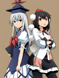 Rule 34 | 2girls, :p, arm at side, back-to-back, black gloves, black hair, black legwear, black skirt, book, breasts, brown background, commentary request, cowboy shot, crossed arms, dress, drop shadow, expressionless, frilled skirt, frills, gloves, hair between eyes, haniwa (leaf garden), hat, highres, holding, holding book, kamishirasawa keine, layered dress, long hair, long sleeves, looking at viewer, medium breasts, medium hair, multicolored hair, multiple girls, newspaper, pantyhose, pom pom (clothes), puffy short sleeves, puffy sleeves, red eyes, red neckwear, shameimaru aya, shirt, short hair, short sleeves, silver hair, simple background, skirt, standing, streaked hair, tokin hat, tongue, tongue out, touhou, untucked shirt, white shirt