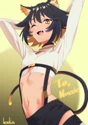 Rule 34 | 1boy, :d, animal ears, arms up, black choker, black hair, black shorts, blonde hair, cat boy, cat ears, cat tail, choker, clothing cutout, colored inner hair, commission, crop top, fang, henken, highres, indie virtual youtuber, male focus, moxxie siix, multicolored hair, navel, one eye closed, open mouth, shorts, shoulder cutout, signature, skin fang, smile, solo, tail, trap, virtual youtuber, yellow eyes