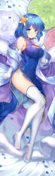 Rule 34 | 1girl, absurdres, bed, blue dress, blue eyes, blue hair, blush, breasts, capura lin, china dress, chinese clothes, cleavage, cleavage cutout, clothing cutout, commentary request, dakimakura (medium), dress, elbow gloves, flower, full body, gloves, hair flower, hair ornament, highres, looking at viewer, lying, on back, original, panties, petals, pillow, short hair, side-tie panties, sidelocks, sleeveless, sleeveless dress, solo, thighhighs, underwear, watermark, white gloves, white panties, white thighhighs