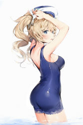 Rule 34 | 1girl, absurdres, armpits, arms behind head, arms up, ass, back, barbara (genshin impact), barbara (summertime sparkle) (genshin impact), blonde hair, blue eyes, blue one-piece swimsuit, blush, breasts, commentary request, genshin impact, highres, long hair, looking at viewer, medium breasts, one-piece swimsuit, open mouth, silver (chenwen), simple background, solo, swimsuit, twintails, wading, water, white background, white headwear