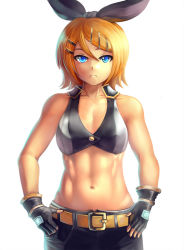 Rule 34 | 1girl, abs, bare shoulders, belt, black star (module), blonde hair, blue eyes, crop top, fingerless gloves, frown, gloves, hair ornament, hair ribbon, hairclip, kagamine rin, kodoku no hate (vocaloid), looking at viewer, midriff, muscular, navel, project diva (series), project diva extend, ribbon, short hair, solo, toned, vocaloid, yilx