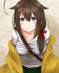 Rule 34 | 1girl, aged up, ahoge, alternate breast size, alternate costume, artist name, between breasts, blue eyes, blush, breasts, brown hair, casual, collarbone, commentary request, from above, hair between eyes, hair flaps, highres, kantai collection, looking at viewer, medium breasts, off-shoulder, off-shoulder sweater, off shoulder, shigure (kancolle), shigure kai ni (kancolle), shirt, smile, solo, strap between breasts, striped clothes, striped shirt, sweater, twitter username, yamamura umi