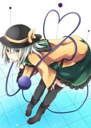 Rule 34 | 1girl, bad id, bad perspective, bad pixiv id, black footwear, black socks, black thighhighs, blush, boots, bow, eyeball, finger to mouth, floral print, frilled skirt, frilled sleeves, frills, from side, full body, green eyes, green skirt, hat, hat bow, heart, heart of string, highres, kneehighs, komeiji koishi, leaning forward, long sleeves, looking at viewer, looking to the side, shirt, short hair, silver hair, skirt, socks, solo, standing, thighhighs, third eye, touhou, wide sleeves, yellow shirt, yuki (snowmaiden)
