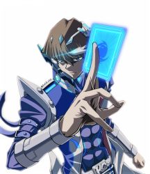 Rule 34 | 1boy, belt, blue eyes, bracer, brown hair, card, clenched hand, closed mouth, coat, commentary request, fingernails, grey belt, hair between eyes, holding, holding card, kaiba seto, male focus, meho (solid 2525), open clothes, open coat, short hair, simple background, smile, solo, twitter username, white background, yu-gi-oh!